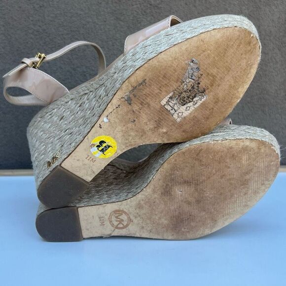 Michael Kors MK Nude Leather Platform Wedge Sandal Heel Size 11 Ankle Strap Pump - Picture 9 of 10